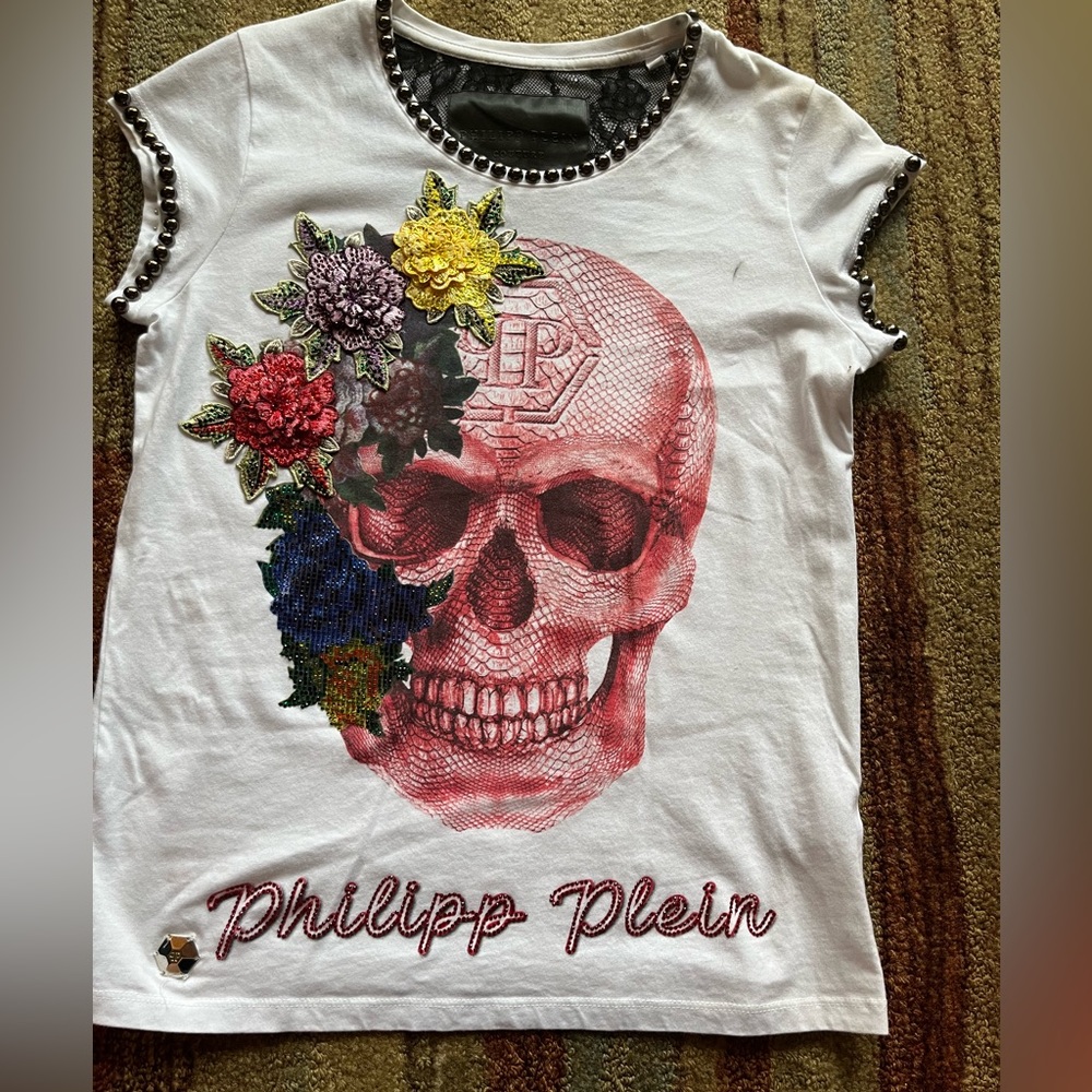 Authentic Philipp Plein 'Skull & Flowers' Studded Couture Tee - Picture 2 of 11